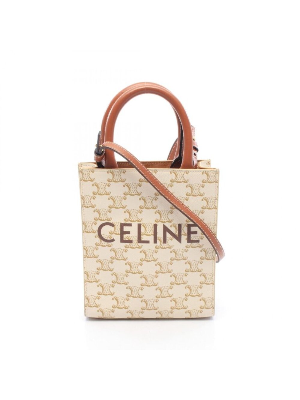 Celine Handbag Mini Vertical Cabas Triomphe 2-Way Ivory Brown Leather